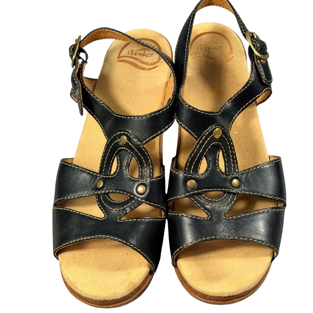 Dansko Wedge Sandals Womens 38 Black Leather Platform Buckle Cutout Boho Comfort